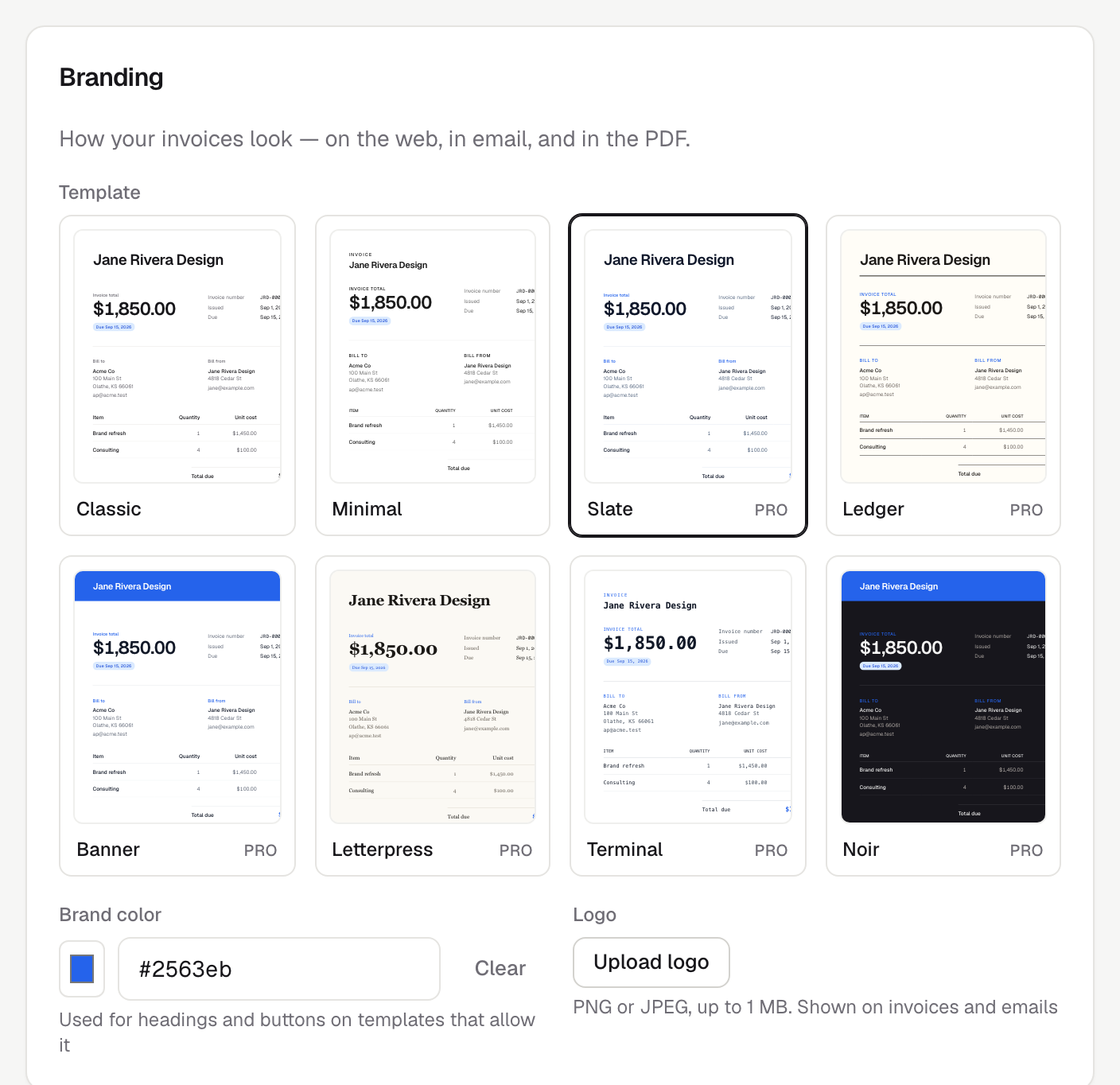 Pmnts branding settings with a grid of eight invoice templates, a brand color picker, and a logo upload